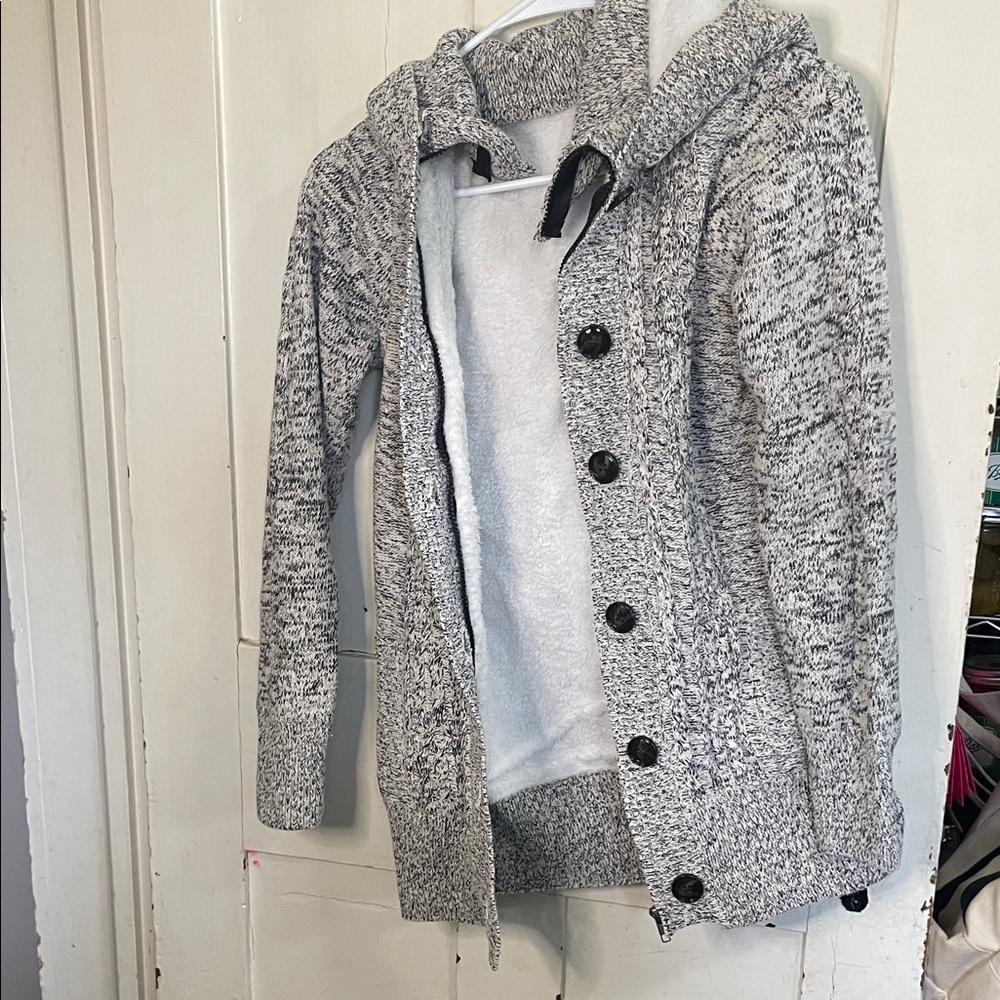 Gray Button-Up Hooded Cardigan